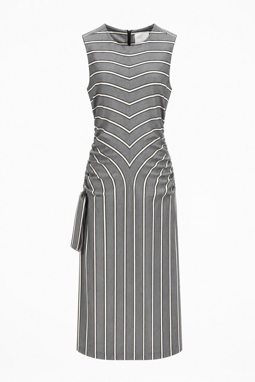 Monse Wool Blend Midi Dress Size 6 Gray Striped Ruched Bow Quiet Luxury Designer